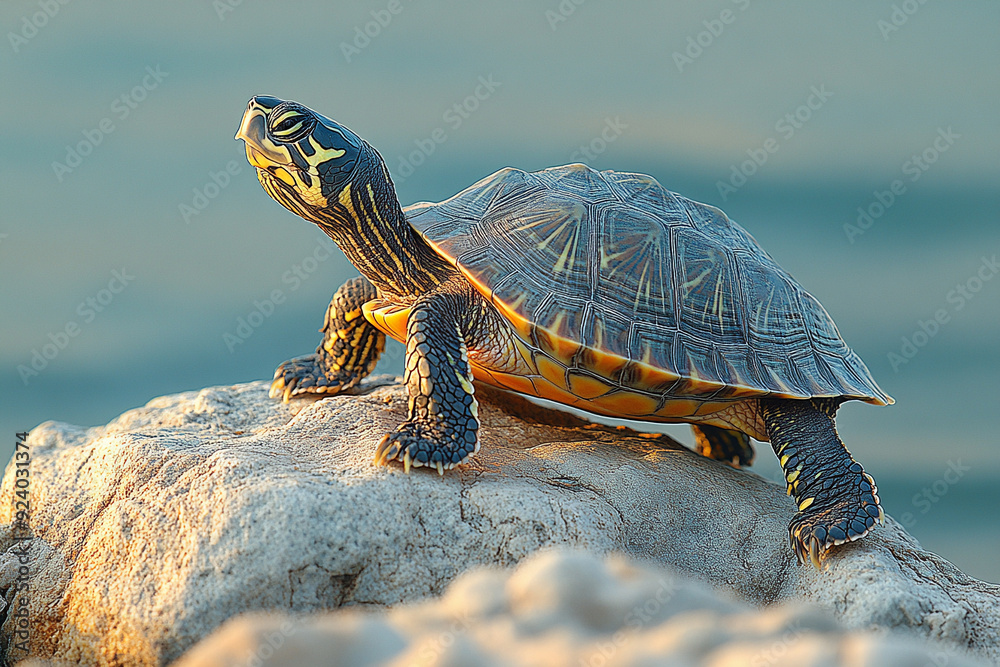 Fototapeta premium A solitary turtle sunbathing on a rocky shore 