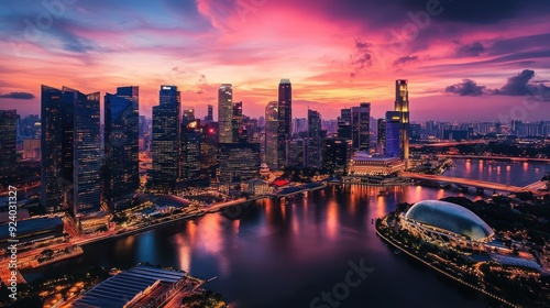 Singapore Skyline at Dusk with a Pink and Orange Sky photo