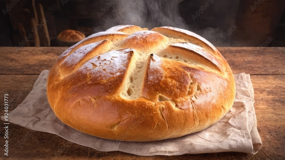 A freshly baked, golden-brown loaf of bread with a glossy crust, resting on parchment paper, still steaming from the oven A freshly baked, golden-brown loaf of bread with a glossy crust, resting on parchment paper, still steaming from the oven