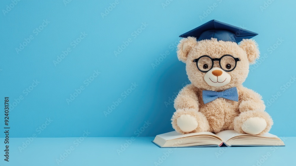 A charming teddy bear dons glasses and a graduation cap, perched atop a stack of books, symbolizing education and the journey of learning A charming teddy bear dons glasses and a graduation cap, perched atop a stack of books, symbolizing education and the journey of learning