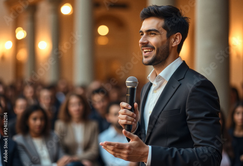 A photo of a candid speaker person giving a speech to a diverse audience photo