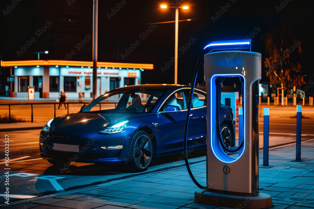 Electric car charging at a gas station in the city, industrial landscape, neon elements, healthy environment without harmful emissions. Eco concept. generative AI Electric car charging at a gas station in the city, industrial landscape, neon elements, healthy environment without harmful emissions. Eco concept. generative AI