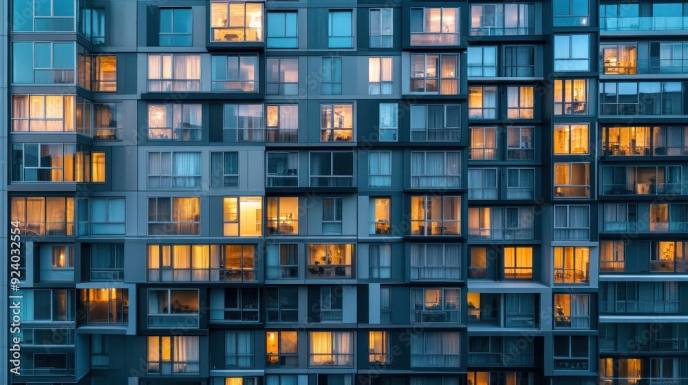 Modern Apartment Building with Illuminated Windows at Dusk