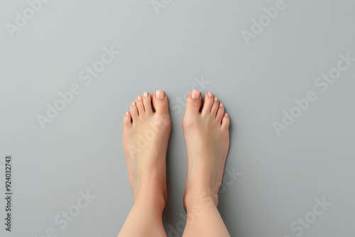 Female feet with natural nails on a soft gray background