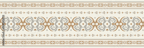 Seamless border pattern. Damask fabric boho mandalas India sari border design textile wallpaper. Tribal native motif oriental border for fabric, wallpaper, tiles