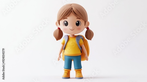 Cute Cartoon Kid with Backpack in Colorful Outfit on White Background