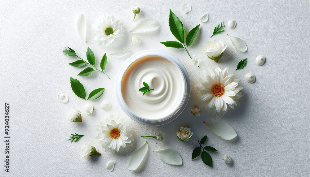 Top view of a cream jar with white flowers and petals on a white background. Beauty and health concept. Generative AI.