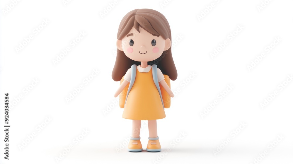 Cute cartoon doll in a yellow dress with brown hair and backpack, smiling happily Cute cartoon doll in a yellow dress with brown hair and backpack, smiling happily