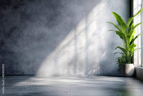 Bright indoor space with sunlight casting shadows on a gray wall and potted plant. Generative AI