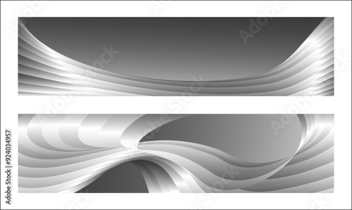 Monochrome cover design, abstract background. Wavy silver parallel gradient lines, ribbons, silk. Set of 2 backgrounds. Black and white with shades of gray banner, poster. eps vector