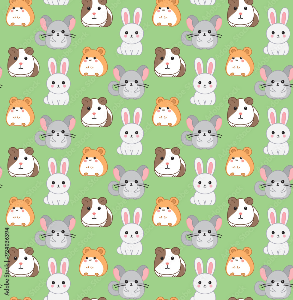 Seamless cartoon pattern with cute rabbit, hamster, guinea pig and chinchilla. Vector colorful kawaii backdrop in flat style Seamless cartoon pattern with cute rabbit, hamster, guinea pig and chinchilla. Vector colorful kawaii backdrop in flat style
