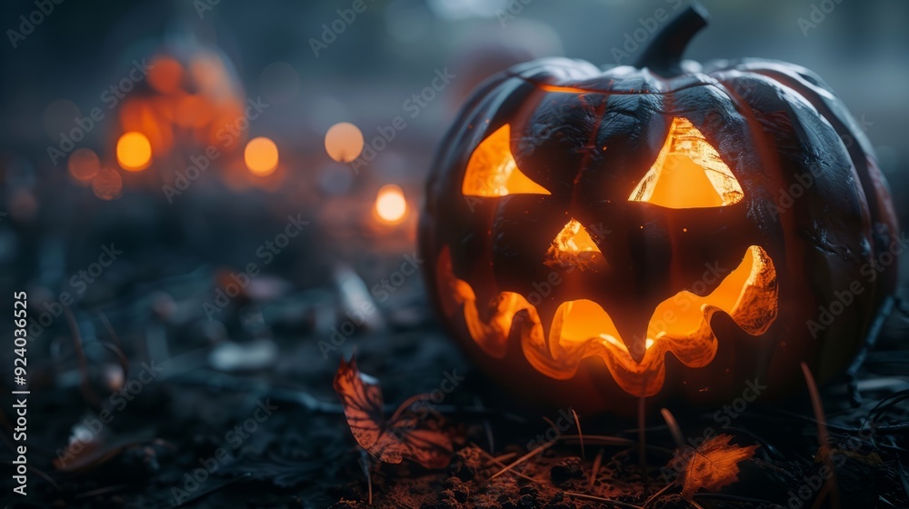Glowing jack-o-lantern in the forest on halloween night Glowing jack-o-lantern in the forest on halloween night