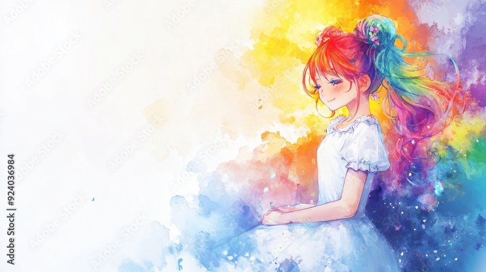 Fototapeta premium Whimsical Anime Girl in Cloudy Dreamscape, enchanting character with vibrant rainbow hair in pigtails, adorned in a flowing white dress against a colorful, airy backdrop.