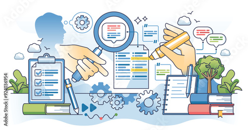 Qualitative content analysis and deep text data study outline hands concept. Empirical information classification methodology using deep analytical approach vector illustration. Info context research