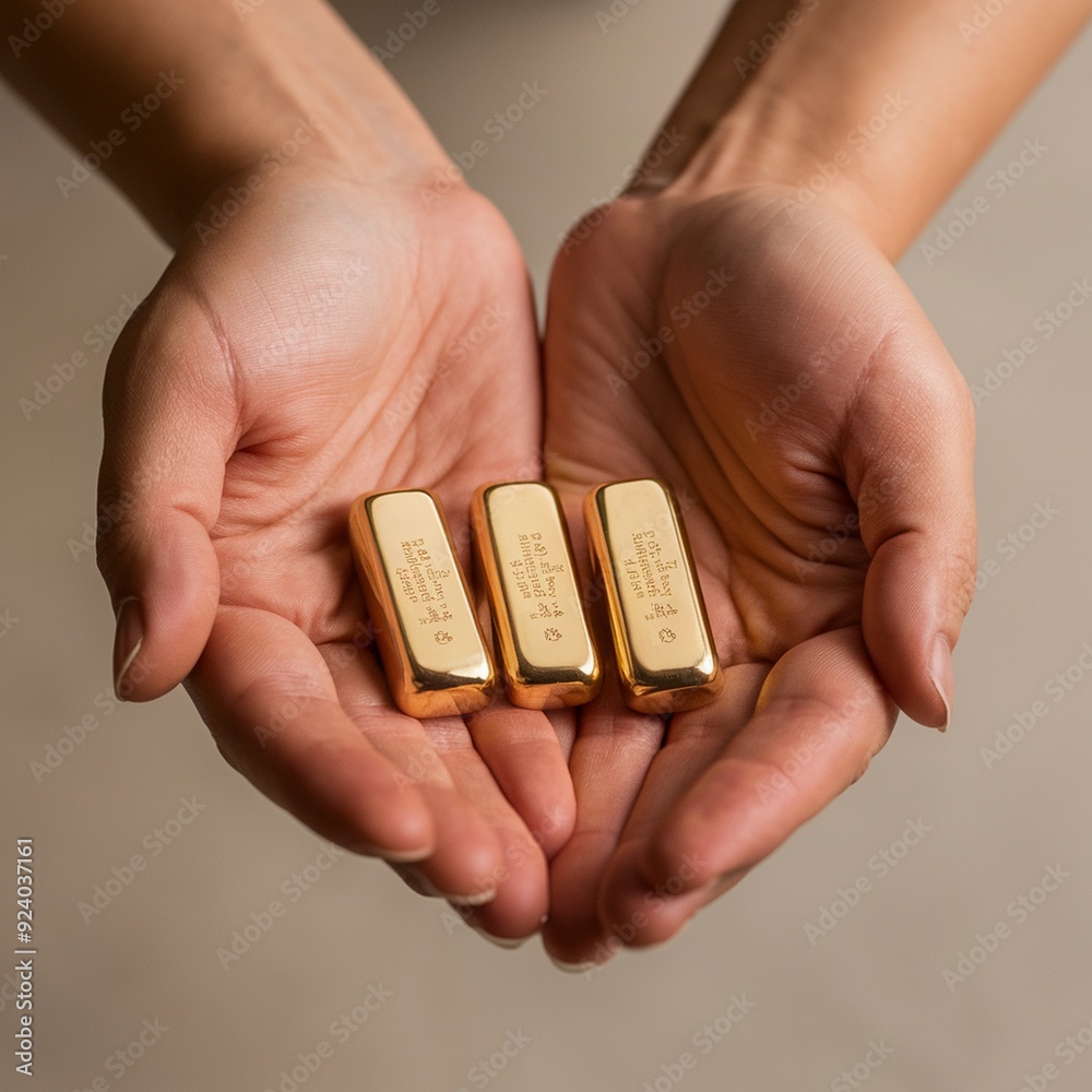 Fototapeta premium A Pair of Hands Delicately Holding Three Golden Bars: A Symbol of Wealth and Security, Investing in Gold: The Delicate Art of Holding Wealth in Your Hands, Secure Your Future: Hands Grasping Three Gol
