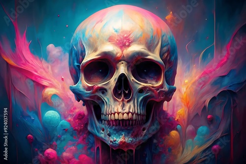 Evil skull colorful art illustration with colorful paint splatters background.