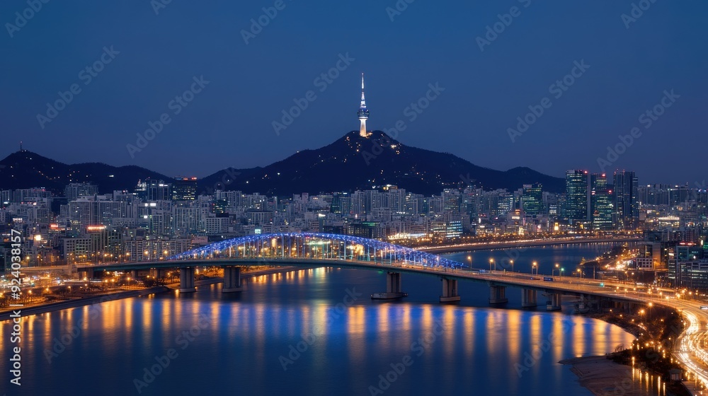 The River Bridge stands illuminated at night, casting vibrant blue reflections on calm waters in the heart of Seoul, showcasing the city’s beauty and architectural elegance