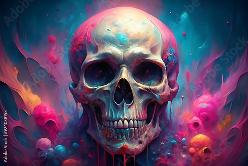 colorful skull wearing glasses ,illustration for poster, tshirt, banner, card, and cover book. photo