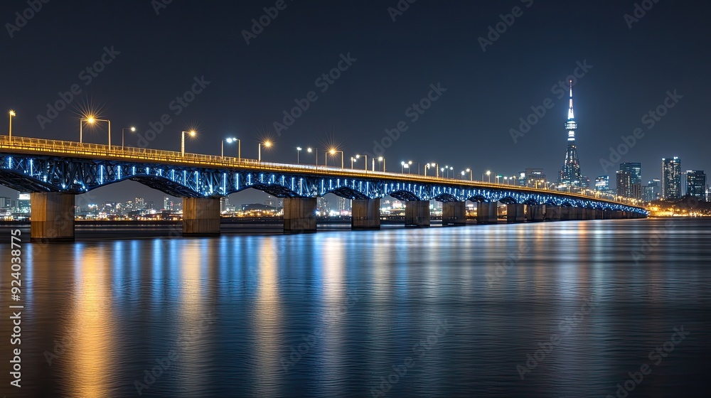 The River Bridge stands illuminated at night, casting vibrant blue reflections on calm waters in the heart of Seoul, showcasing the city’s beauty and architectural elegance The River Bridge stands illuminated at night, casting vibrant blue reflections on calm waters in the heart of Seoul, showcasing the city’s beauty and architectural elegance
