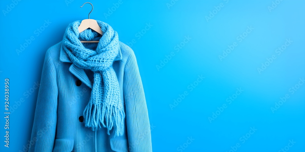 Obraz premium Light blue knitted scarf and matching sweater on hanger against bright blue background, winter fashion and coziness. Banner with copy space