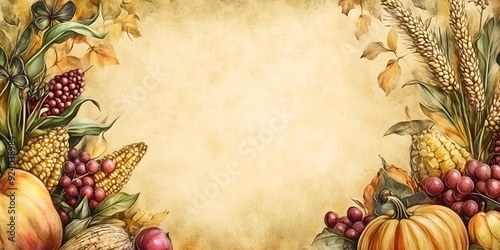 Vintage-style autumn harvest illustration with corn, grapes, pumpkins and wheat on aged paper background