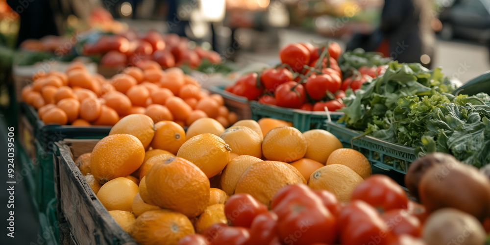 Fresh produce at farmers market with vibrant lemons, tomatoes and leafy greens, autumn harvest and healthy eating options Fresh produce at farmers market with vibrant lemons, tomatoes and leafy greens, autumn harvest and healthy eating options