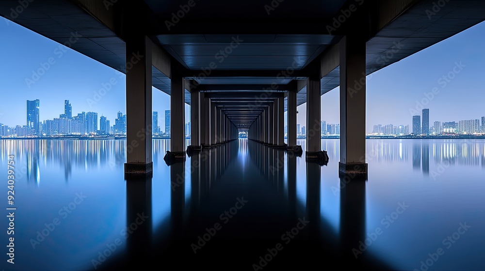 The River Bridge stands illuminated at night, casting vibrant blue reflections on calm waters in the heart of Seoul, showcasing the city’s beauty and architectural elegance The River Bridge stands illuminated at night, casting vibrant blue reflections on calm waters in the heart of Seoul, showcasing the city’s beauty and architectural elegance