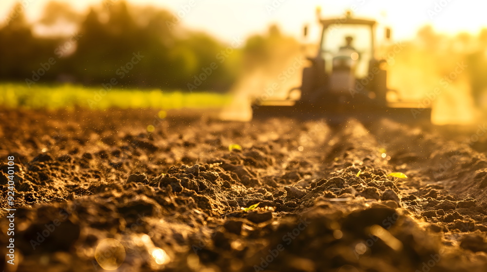 Tractor plowing field, kicking up dust, preparing soil for autumn planting season Tractor plowing field, kicking up dust, preparing soil for autumn planting season