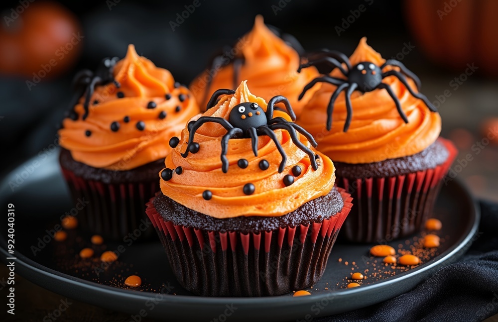 Halloween themed cupcakes with spider decorations are creatively arranged on a festive plate for display Halloween themed cupcakes with spider decorations are creatively arranged on a festive plate for display