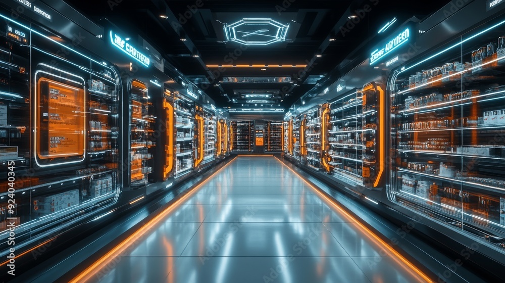 Futuristic Retail Stores with AI-Powered Inventory: Stores where inventory and stock are managed by AI systems. Futuristic Retail Stores with AI-Powered Inventory: Stores where inventory and stock are managed by AI systems.