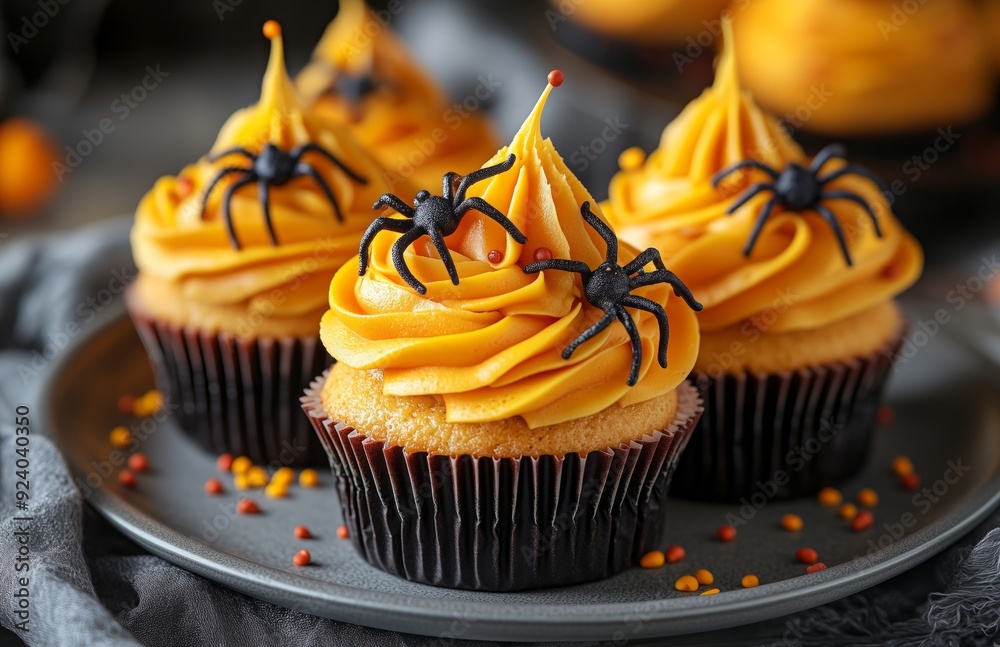 Halloween themed cupcakes with spider decorations are creatively arranged on a festive plate for display Halloween themed cupcakes with spider decorations are creatively arranged on a festive plate for display