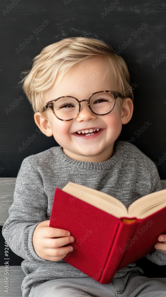 A joyful boy lies on a bench, deeply engrossed in a book with a red cover, surrounded by a blackboard in a cheerful classroom atmosphere A joyful boy lies on a bench, deeply engrossed in a book with a red cover, surrounded by a blackboard in a cheerful classroom atmosphere