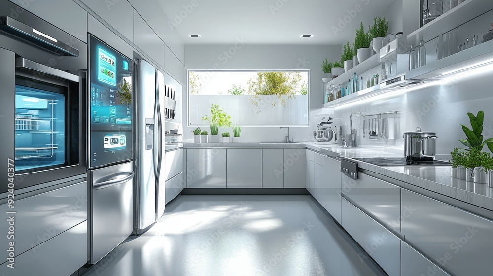 Smart Home Kitchen with Voice Control: A kitchen where appliances are controlled via voice commands. Smart Home Kitchen with Voice Control: A kitchen where appliances are controlled via voice commands.