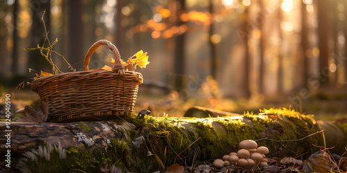 Wicker basket with autumn leaves and mushrooms in misty forest. Banner with copy space