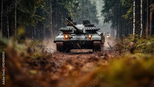 Military tank advancing through dense forest terrain, with branches snapping under its treads, photo-realistic, vehicle in active operation