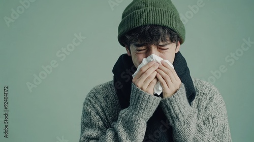 The man sneezing into tissue photo