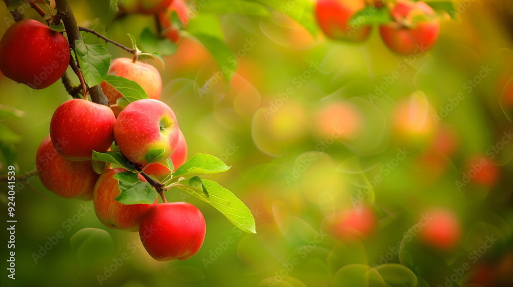 Red apples hanging on tree branch with blurred background, ripe fruit ready for autumn harvest. Blank space for text or advertising message on poster, banner Red apples hanging on tree branch with blurred background, ripe fruit ready for autumn harvest. Blank space for text or advertising message on poster, banner