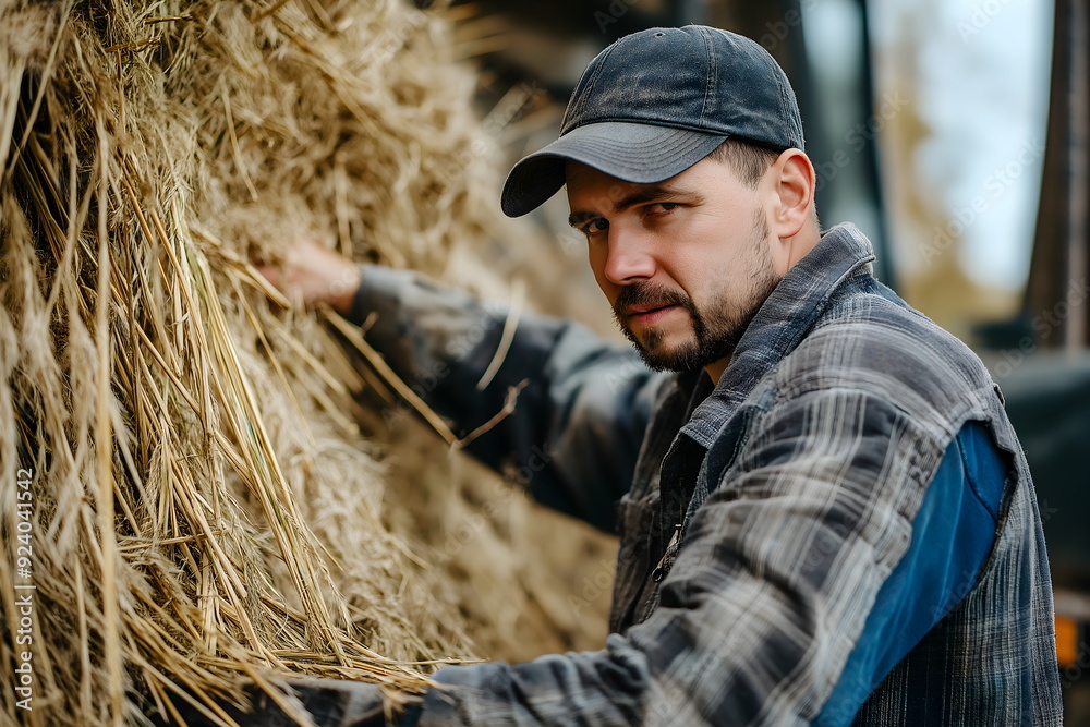 Farmer inspecting hay in barn, wearing cap and plaid shirt, examining quality of dried grass for livestock feed Farmer inspecting hay in barn, wearing cap and plaid shirt, examining quality of dried grass for livestock feed