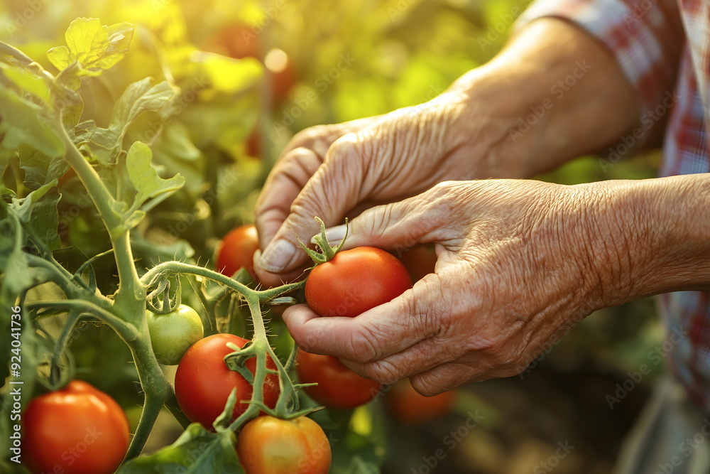 Hands of farmer picking ripe tomatoes from plant in vegetable garden, harvesting fresh organic produce in sunlight Hands of farmer picking ripe tomatoes from plant in vegetable garden, harvesting fresh organic produce in sunlight