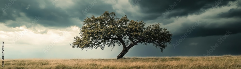 A Single Tree Stands Tall Against a Dramatic Stormy Sky A Single Tree Stands Tall Against a Dramatic Stormy Sky