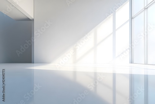 Bright, empty interior space with large windows and sunlight in a modern design. Generative AI