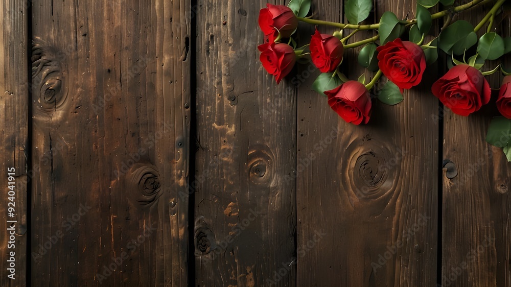 Fototapeta premium Painted wood background with red roses