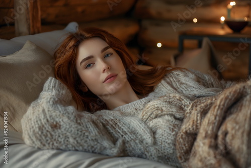 Young woman relaxing in cozy sweater on bed with warm lighting and autumn ambiance