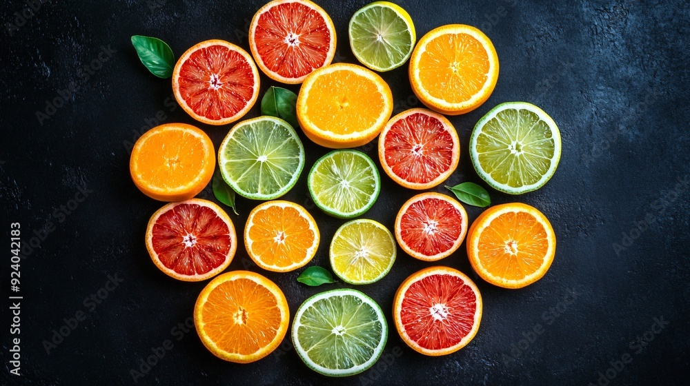 A vibrant mix of sliced citrus fruits, including oranges, lemons, and limes, arranged in a circular pattern on a dark charcoal concrete surface, their bright colors standing out against the dark backg A vibrant mix of sliced citrus fruits, including oranges, lemons, and limes, arranged in a circular pattern on a dark charcoal concrete surface, their bright colors standing out against the dark backg
