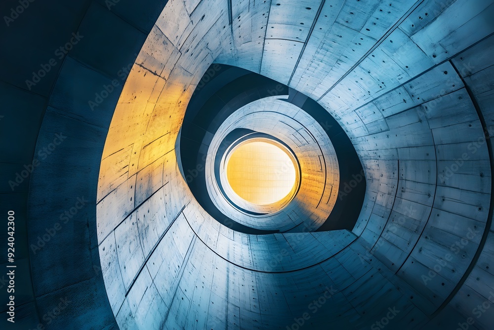 Spiral concrete structure with warm light in a modern architectural setting. Generative AI Spiral concrete structure with warm light in a modern architectural setting. Generative AI
