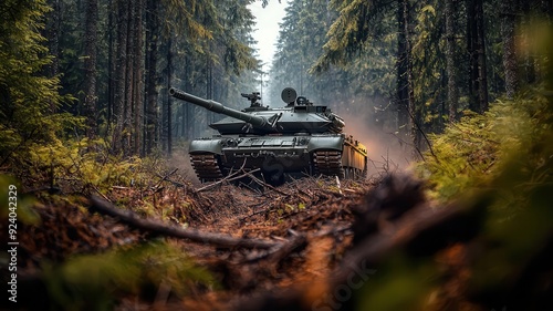 Military tank advancing through dense forest terrain, with branches snapping under its treads, photo-realistic, vehicle in active operation photo