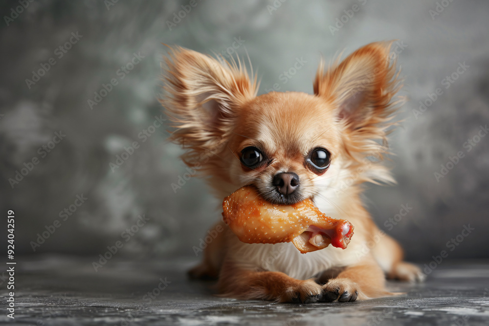 Chihuahua dog with chicken wing in mouth Chihuahua dog with chicken wing in mouth