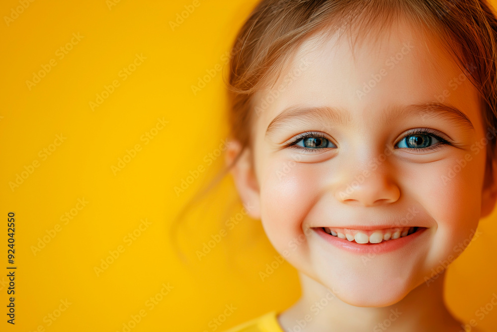 Close-up of a smiling child with blue eyes and brown hair against a bright yellow background