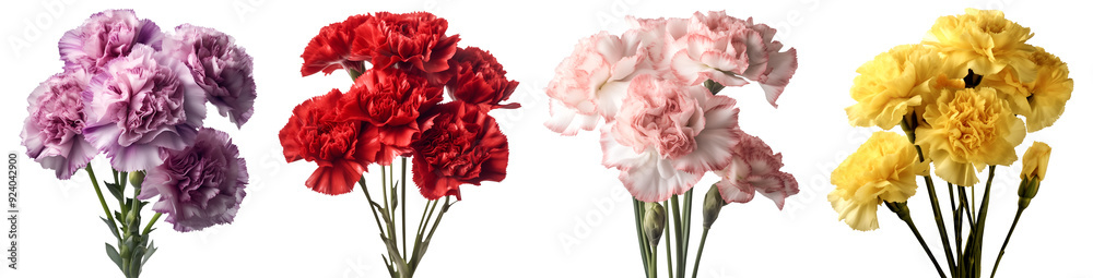 Collection set bunch bouquet of colourful purple violet, red, yellow, zenith stalk of carnation carnations flower floral on transparent background cutout PNG. Mockup template artwork graphic design Collection set bunch bouquet of colourful purple violet, red, yellow, zenith stalk of carnation carnations flower floral on transparent background cutout PNG. Mockup template artwork graphic design