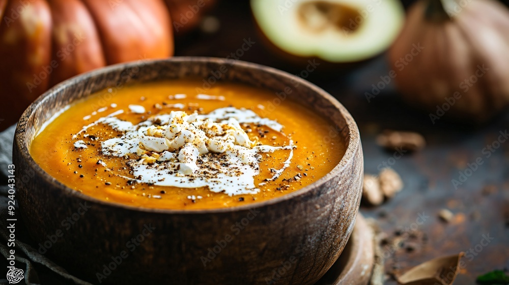 A dark brown, roasted butternut squash soup served in a rustic bowl, garnished with a drizzle of cream and a sprinkle of nutmeg A dark brown, roasted butternut squash soup served in a rustic bowl, garnished with a drizzle of cream and a sprinkle of nutmeg